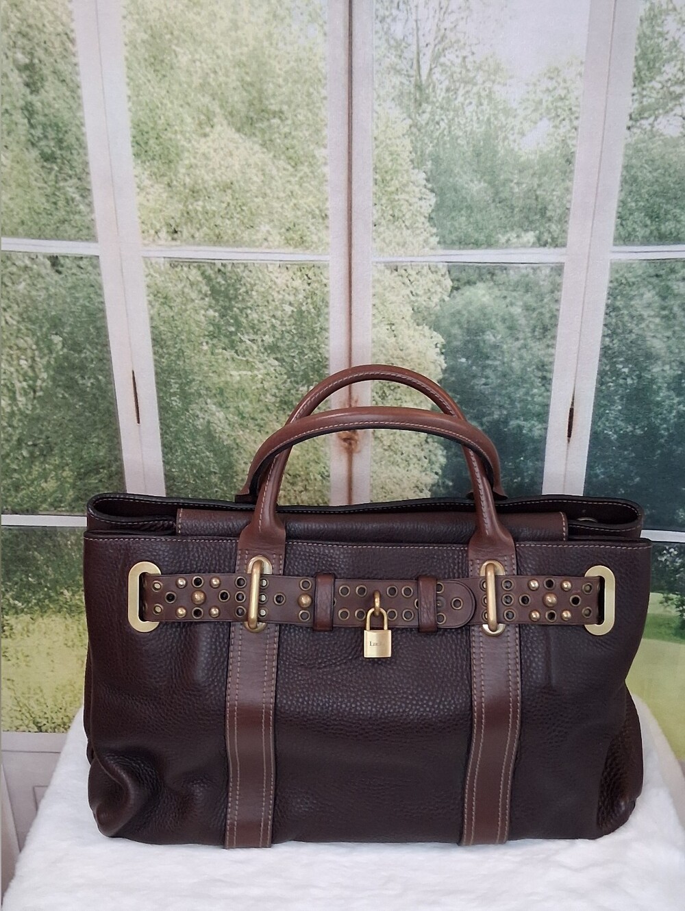 Vintage Y2K Luella Chocolate Brown Pebbled Leather Belted Padlock Tote Bag
